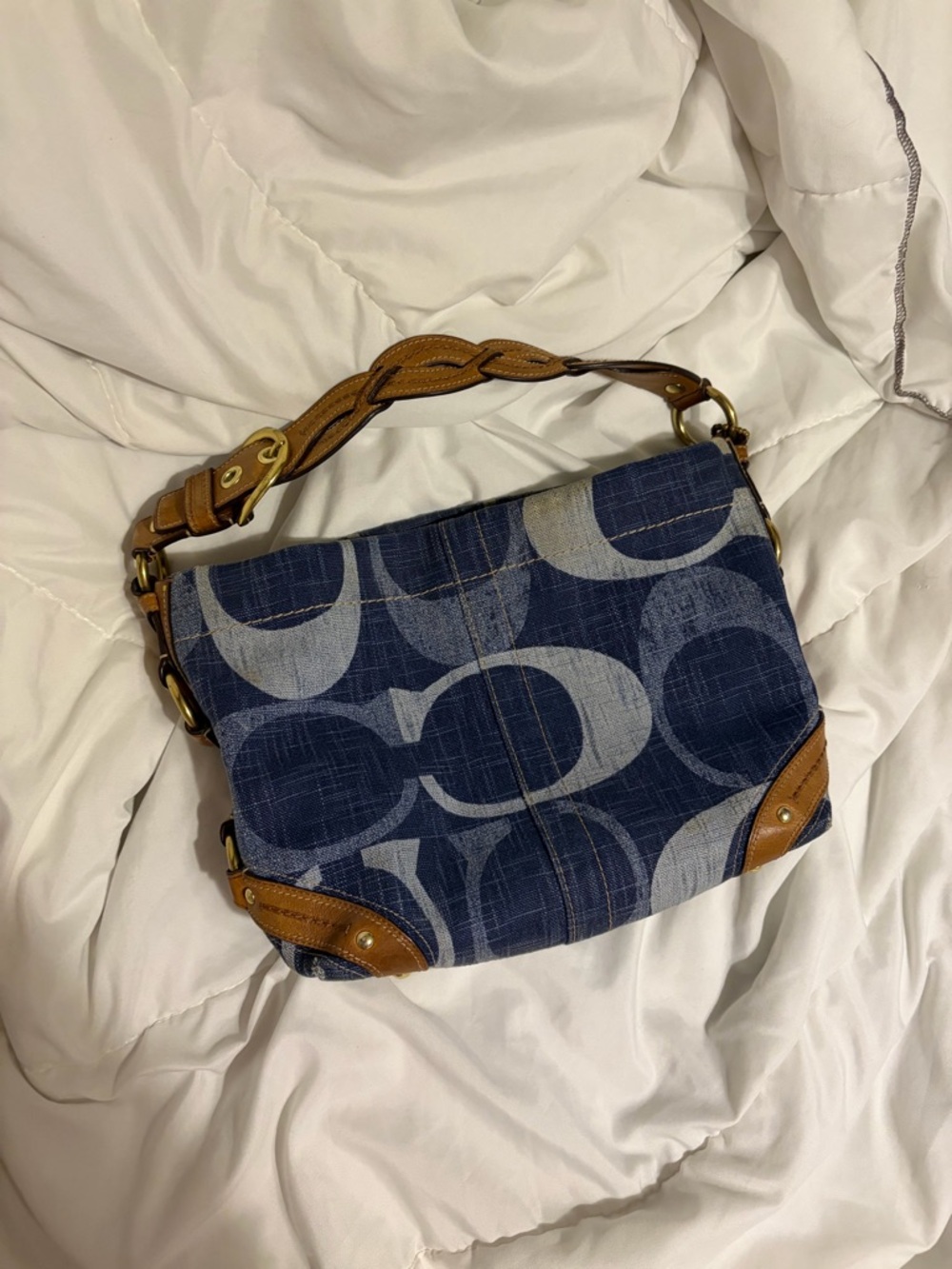 Rare Coach Denim Carly Medium Size Navy Logo Shoulder Bag with Tan Leather Trim